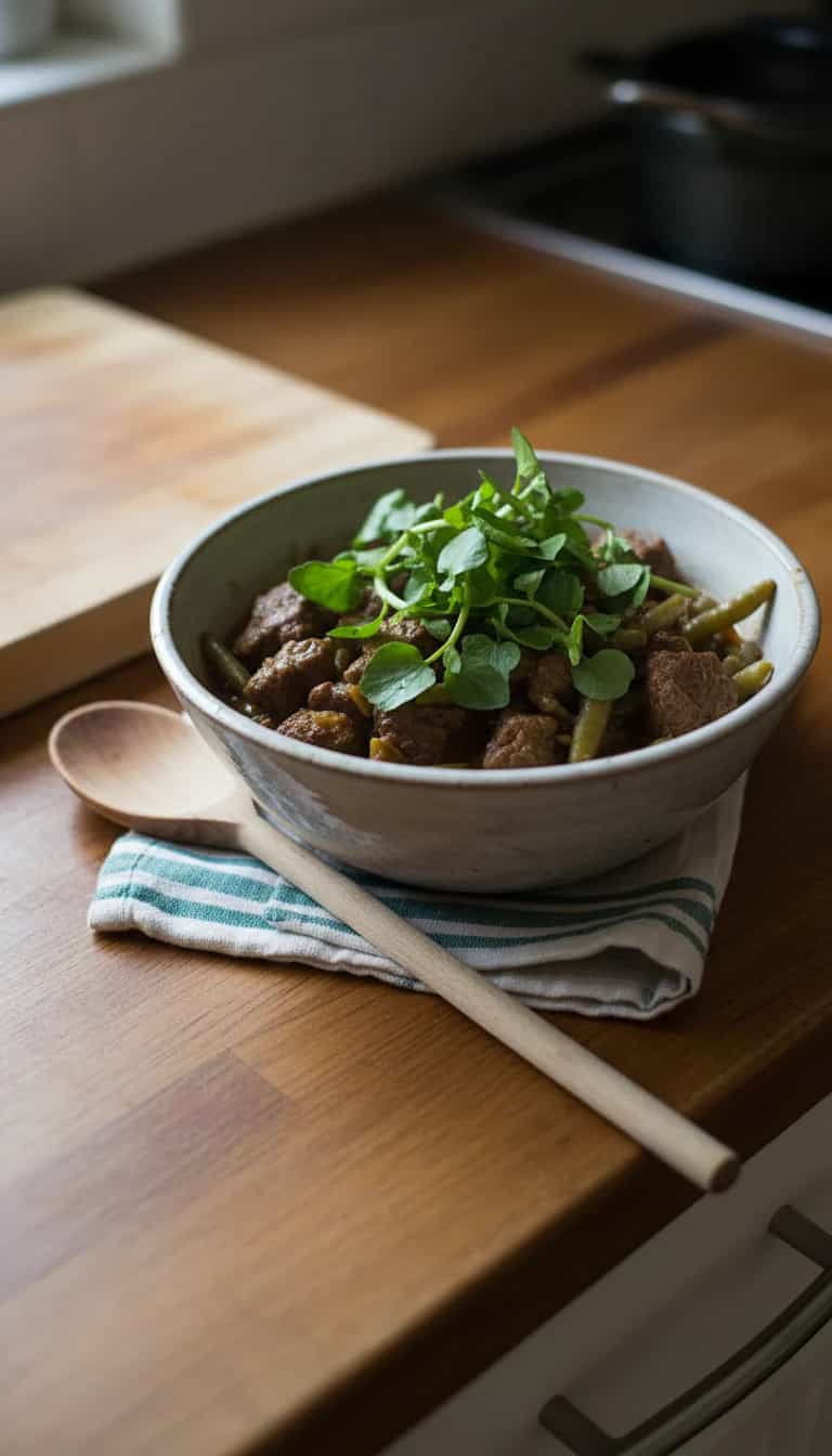 Foto deliciosa de Alcatra com Vagem e Agrião na Cachaça pronta para servir - Carnes & Frango
