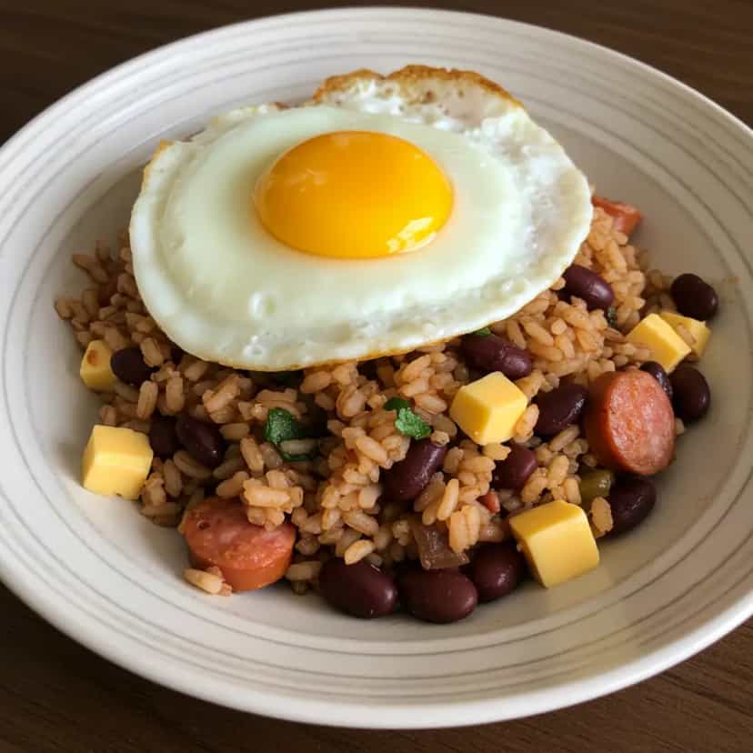 Foto deliciosa de Baião de Dois com Ovo Caipira pronta para servir - Pratos Brasileiros Icônicos