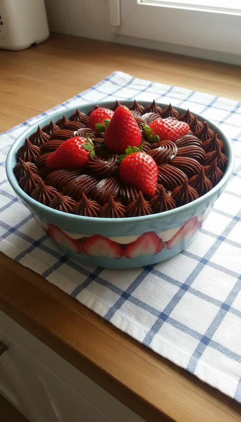 Foto deliciosa de Bombom de Travessa com Morangos pronta para servir - Sem Assar