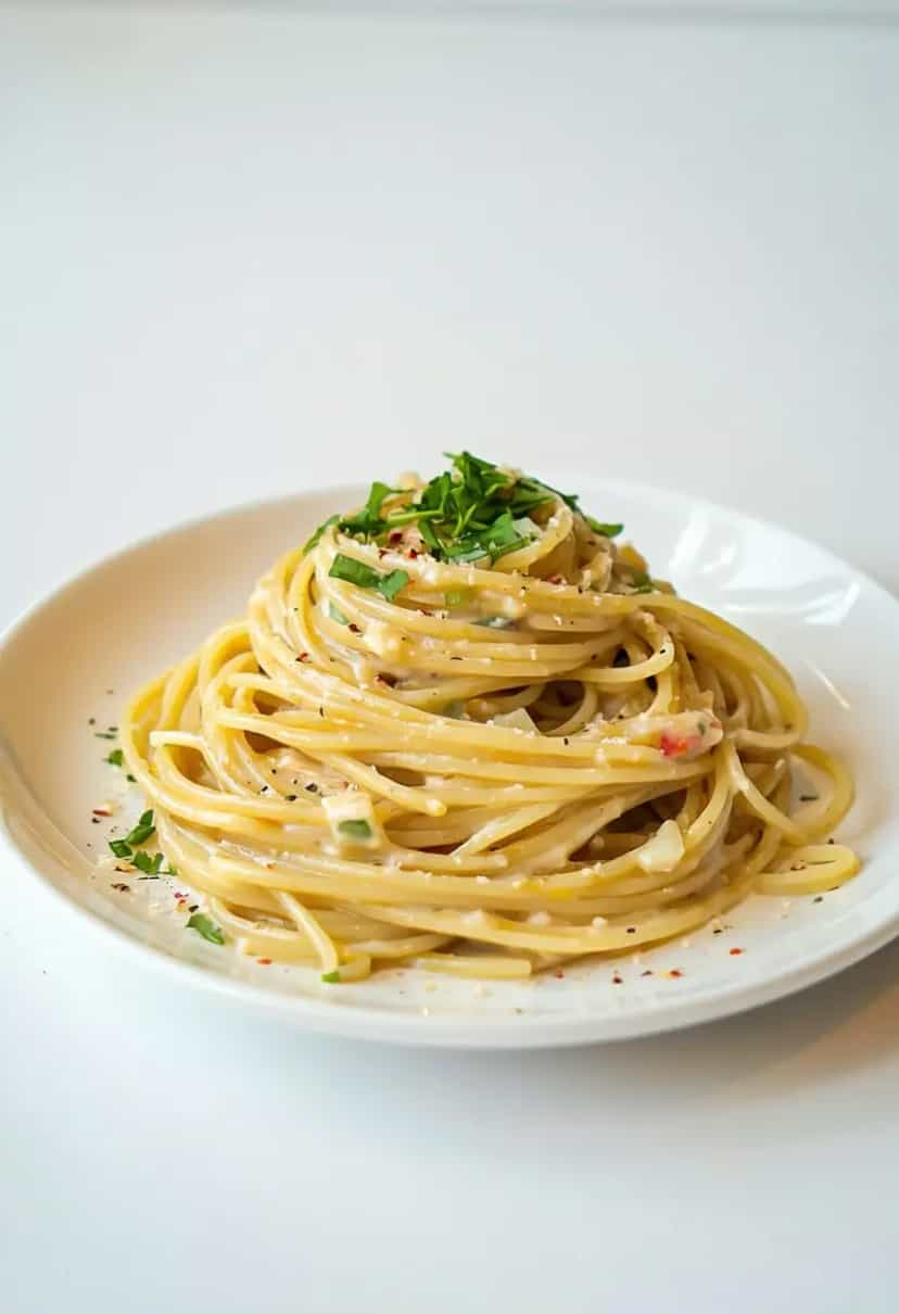 Foto deliciosa de Carbonara Vegana Sem Queijo pronta para servir - Veganas