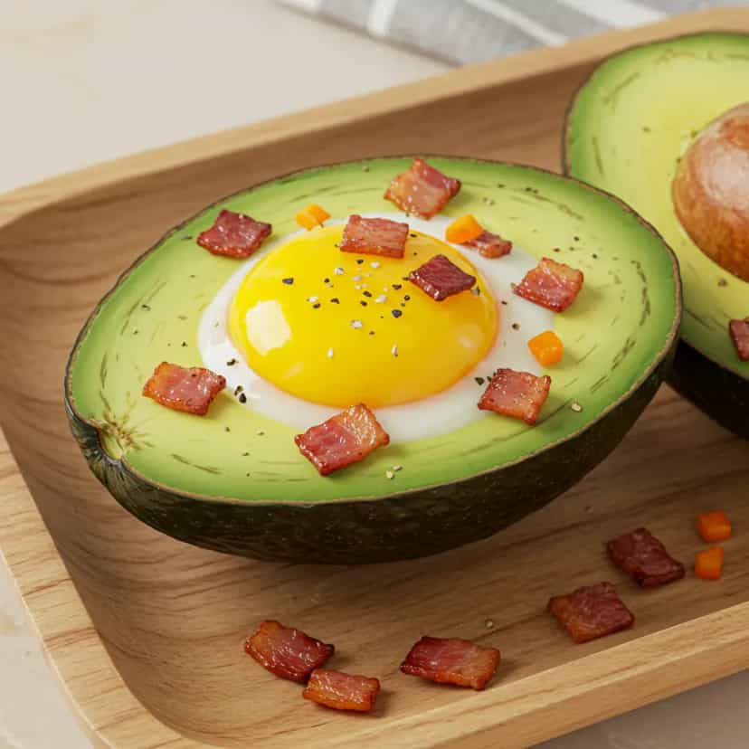 Foto deliciosa de Cesta de Abacate com Ovo Poché e Bacon pronta para servir - Brunch
