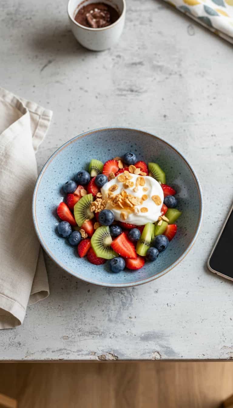 Foto deliciosa de Creme de Iogurte com Frutas e Granola pronta para servir - Snacks Naturais