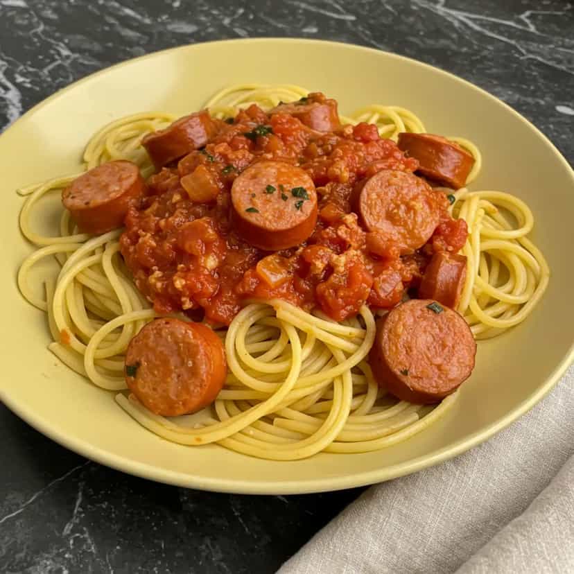 Foto deliciosa de Espaguete com Salsicha ao Molho pronta para servir - Outras Receitas