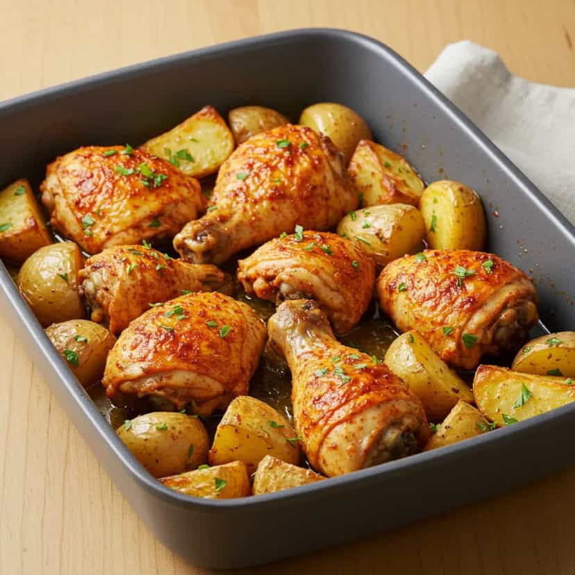 Foto deliciosa de Frango assado com batatas ao colorau pronta para servir - Carnes & Frango