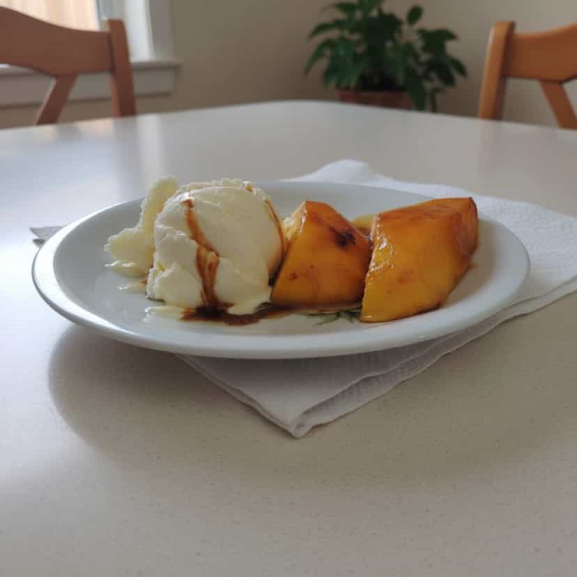 Foto deliciosa de Manga Flambada com Calda de Açúcar pronta para servir - Outras Receitas