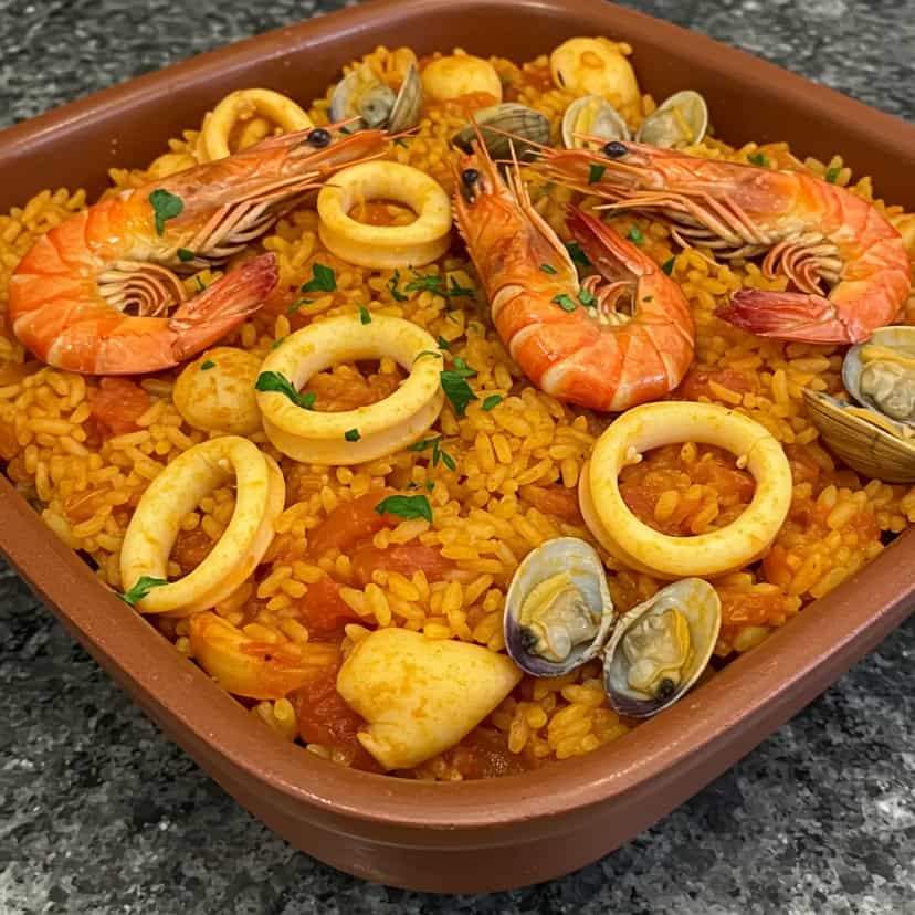 Foto deliciosa de Paella Brasileira de Frutos do Mar pronta para servir - Peixes & Frutos do Mar