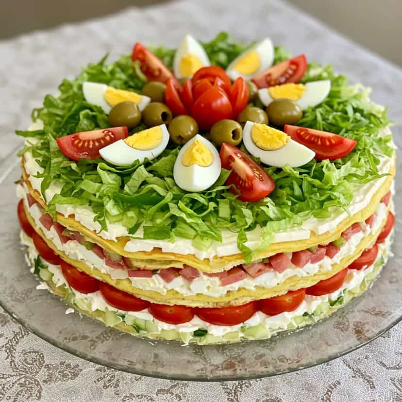 Foto deliciosa de Salada Russa com Panquecas pronta para servir - Saladas