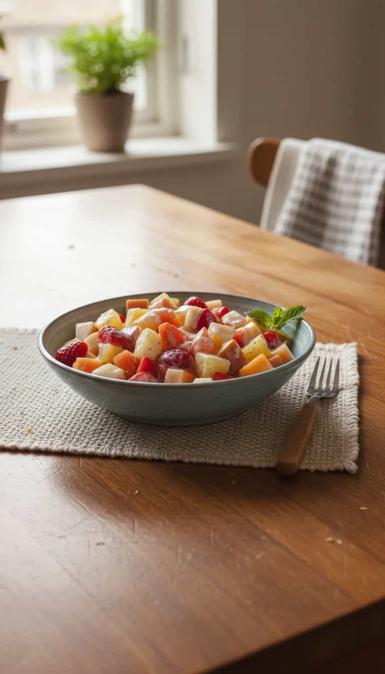 Foto deliciosa de Salada Tropical de Frutas com Iogurte pronta para servir - Snacks Naturais