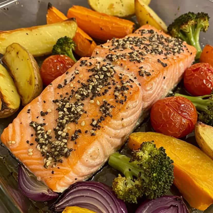 Foto deliciosa de Salmão assado com legumes pronta para servir - Peixes & Frutos do Mar