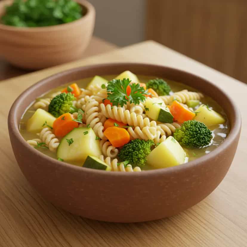 Foto deliciosa de Sopa de Legumes com Macarrão Integral pronta para servir - Vegetarianas