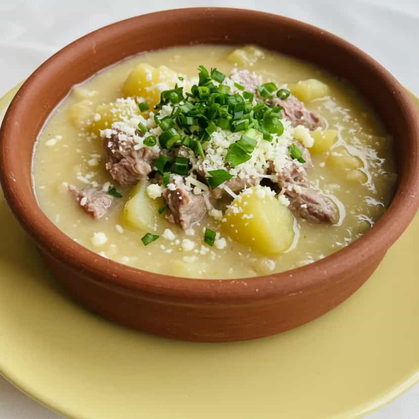 Foto deliciosa de Sopa de Mandioca com Carne e Linguiças pronta para servir - Sopas & Caldos