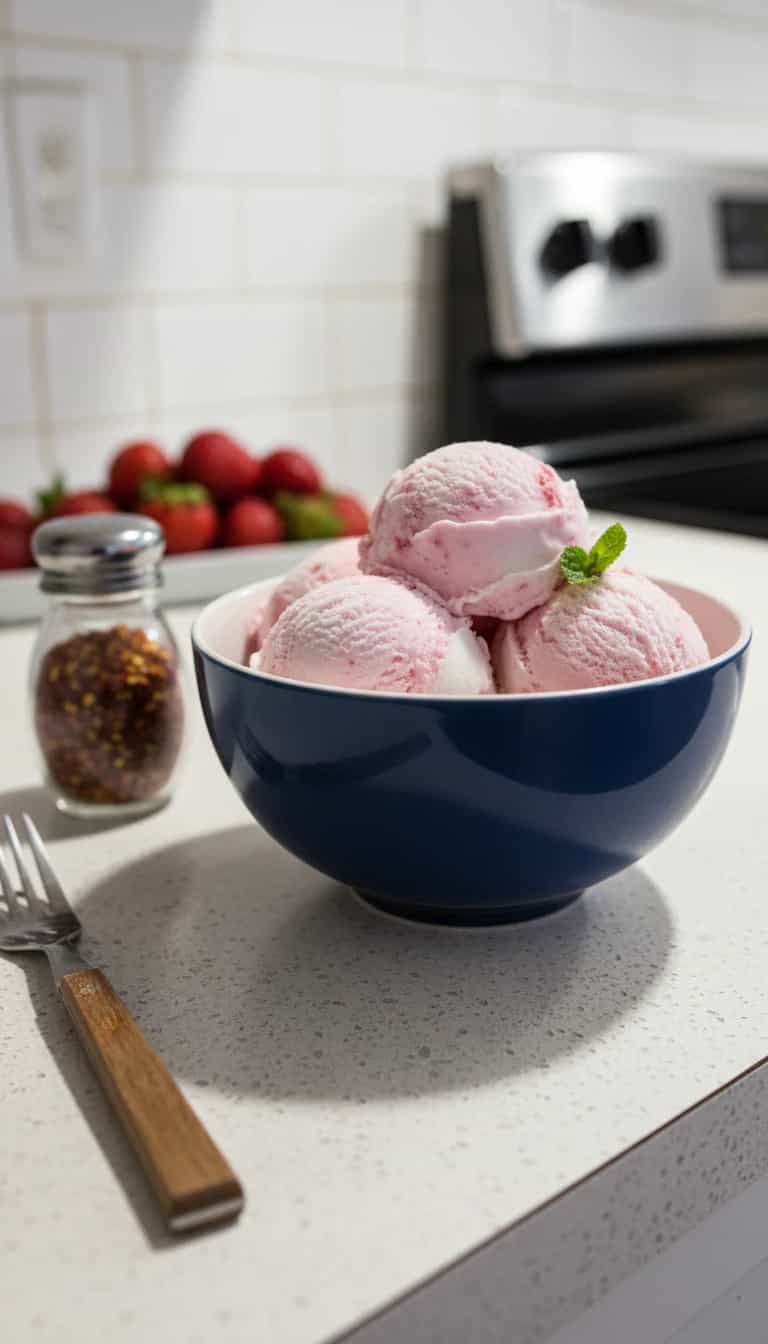 Foto deliciosa de Sorvete Cremoso de Morango pronta para servir - Doces Gelados & Sorvetes