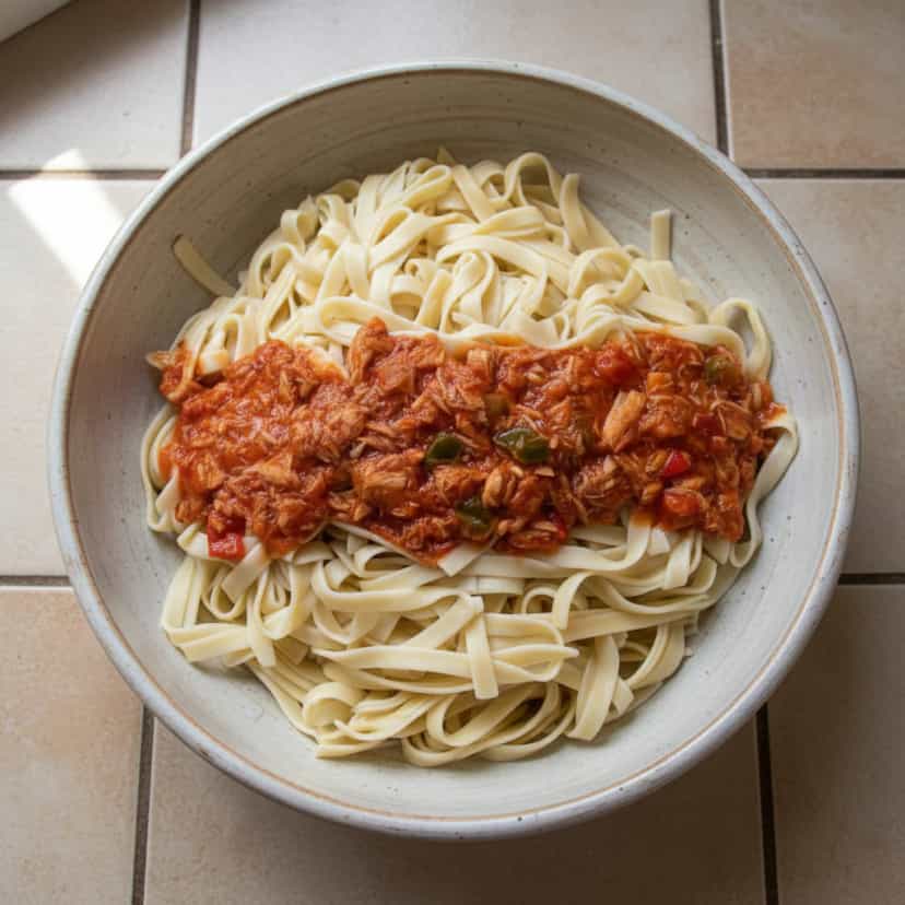 Foto deliciosa de Talharim cremoso com atum e tomate pronta para servir - Outras Receitas