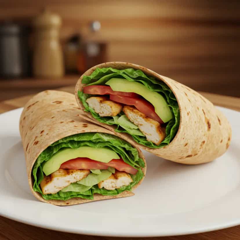 Foto deliciosa de Wrap de Frango e Abacate Pós-Treino pronta para servir - Pós-Treino