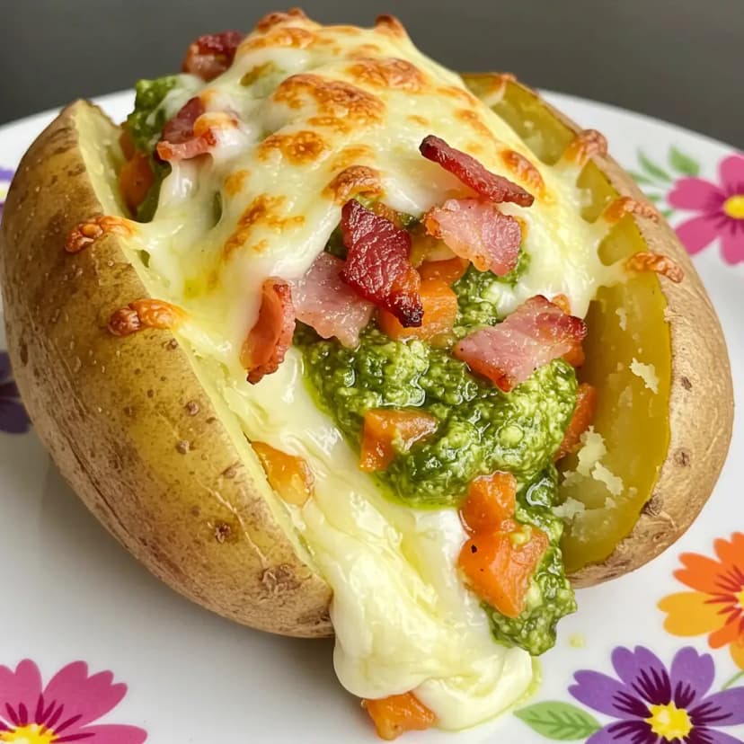 Batata Recheada com Queijo, Bacon e Pesto