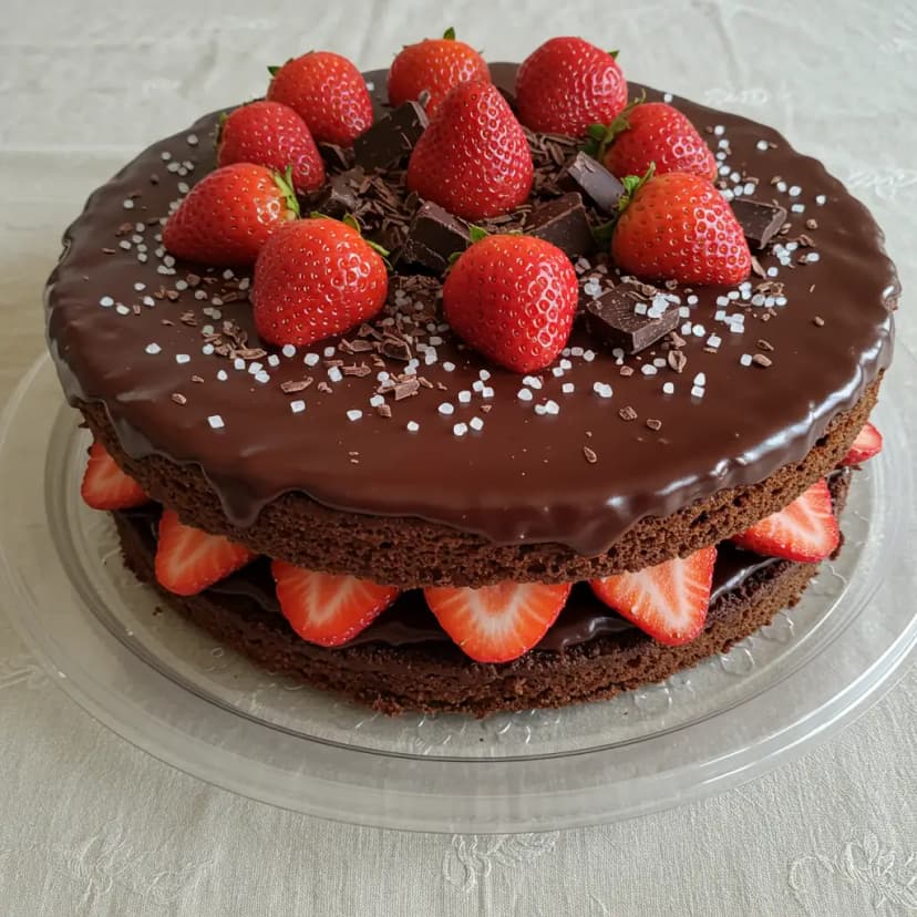 Bolo de Baunilha com Cobertura de Chocolate e Morangos