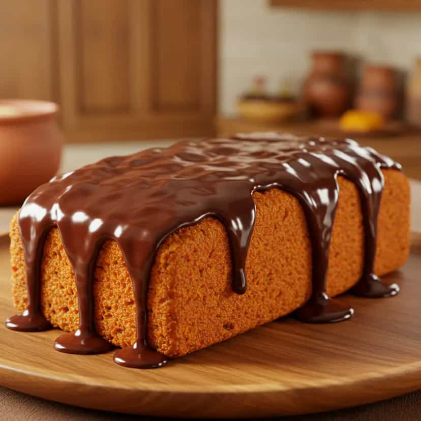 Foto deliciosa de Bolo de Cenoura Vegano com Cobertura de Chocolate pronta para servir - Veganas