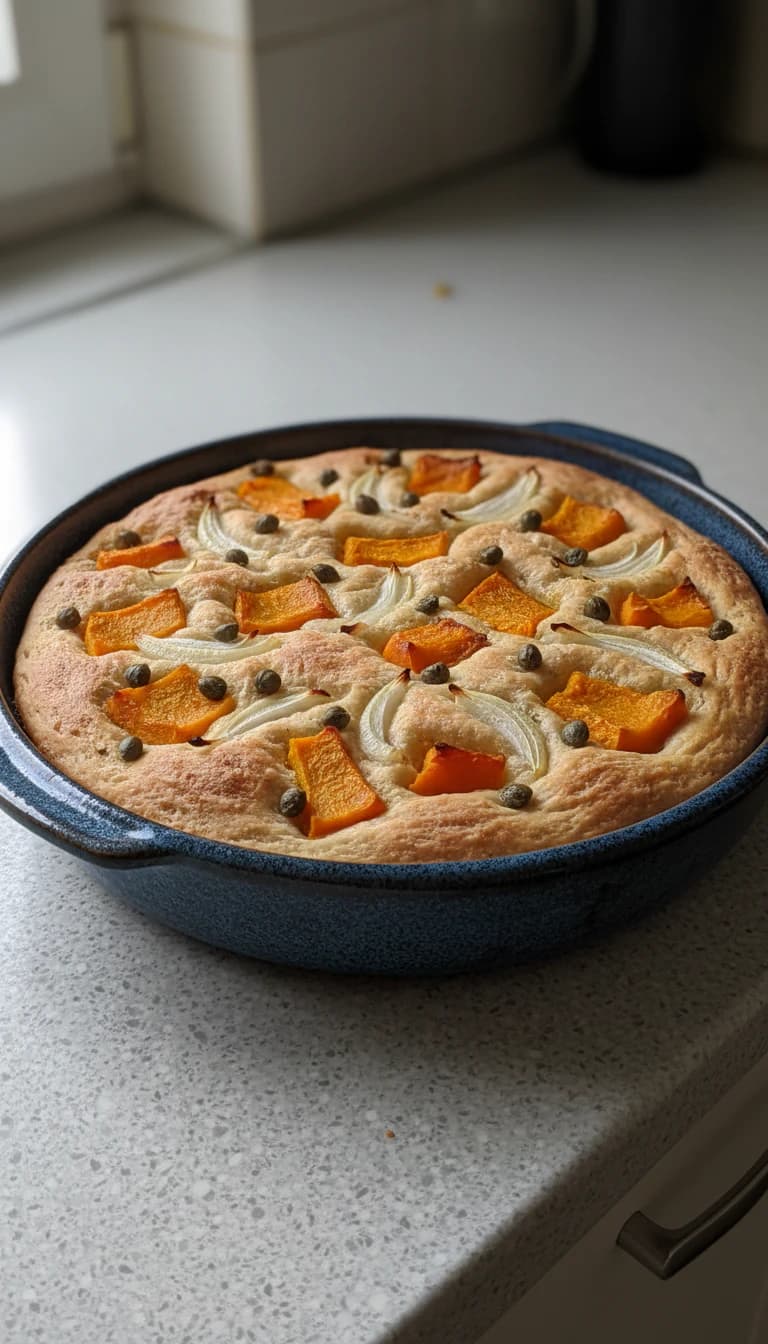 Focaccia Integral com Abóbora, Cebola e Alcaparras