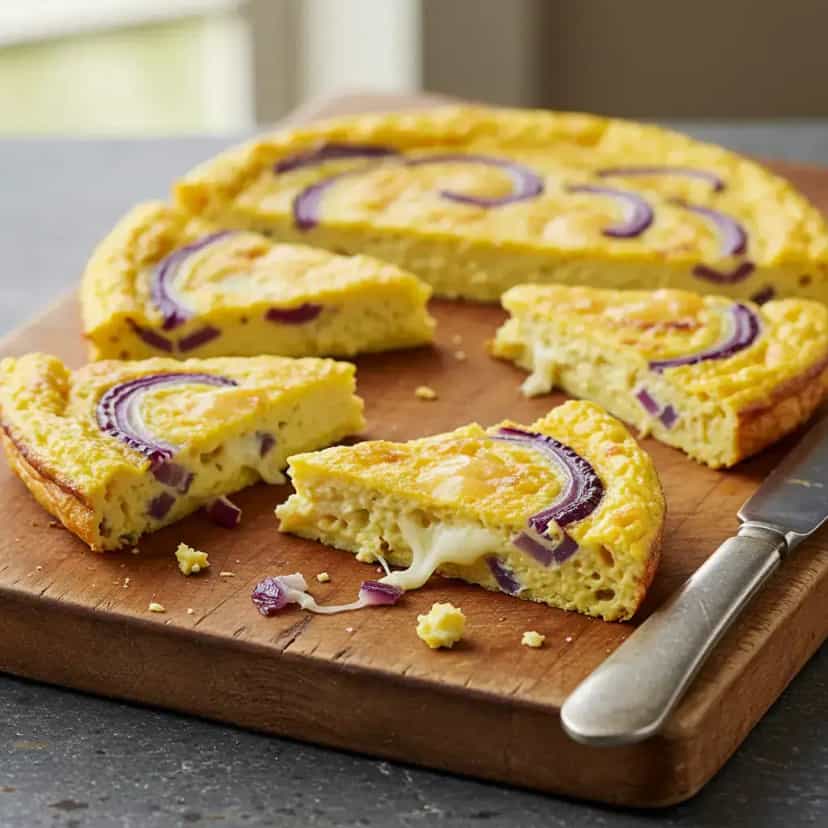 Foto deliciosa de Fritada cremosa de cebola roxa e provolone pronta para servir - Brunch