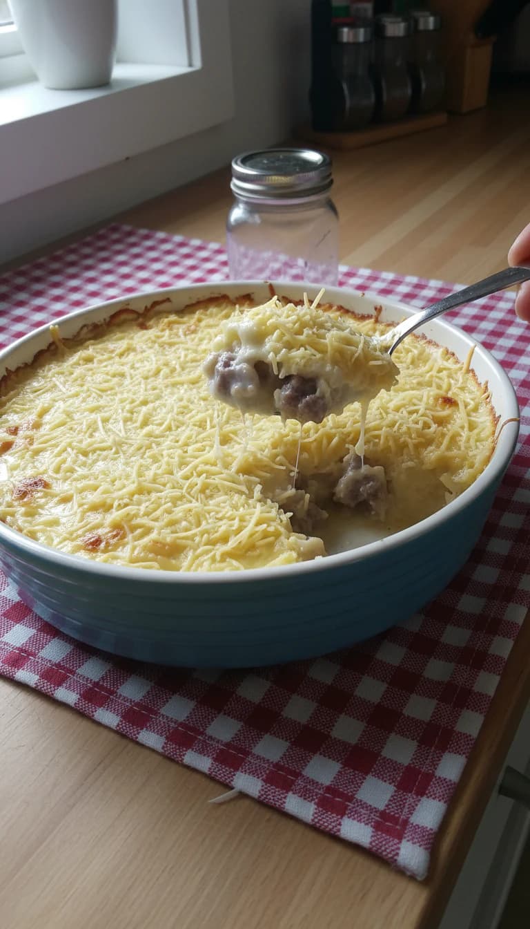Gratinado de Purê de Batata com Estrogonofe de Calabresa