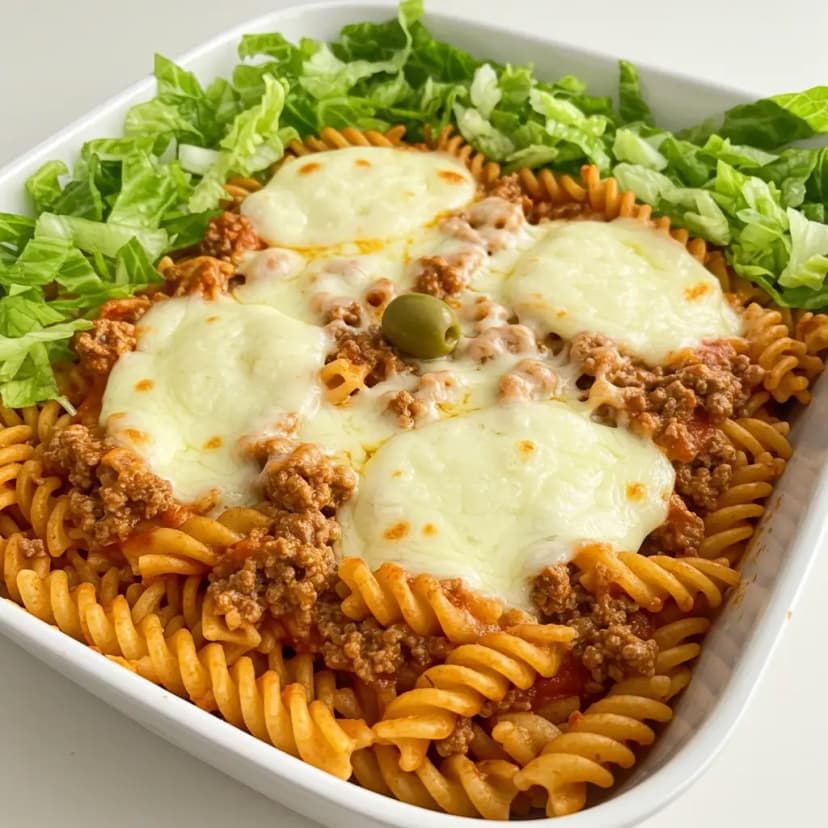 Macarrão com Carne Moída ao Molho de Tomate e Mussarela