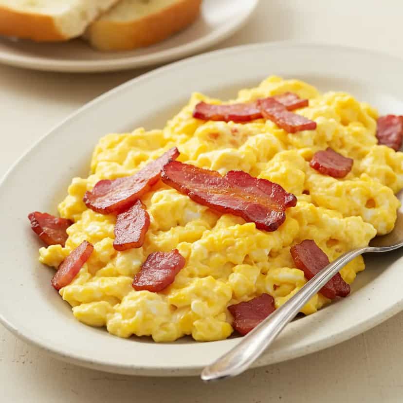 Foto deliciosa de Ovos Mexidos Cremosos com Bacon Crocante pronta para servir - Brunch