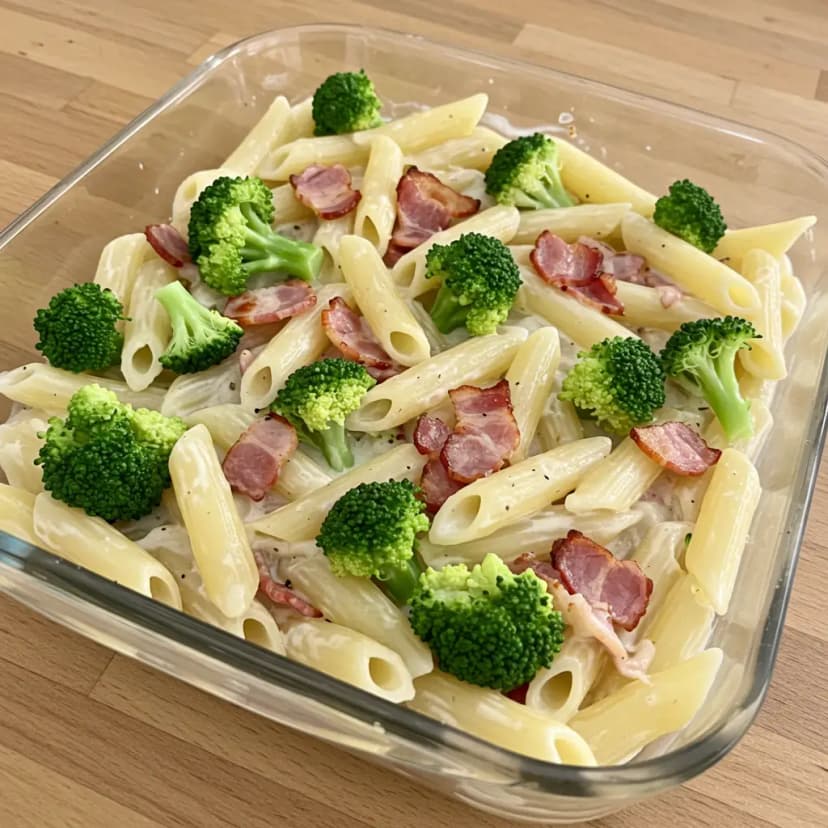 Penne ao Molho Branco com Brócolis e Bacon