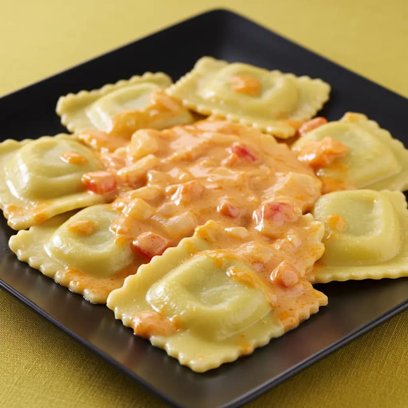 Ravioli cremoso ao molho de tomate e leite de coco