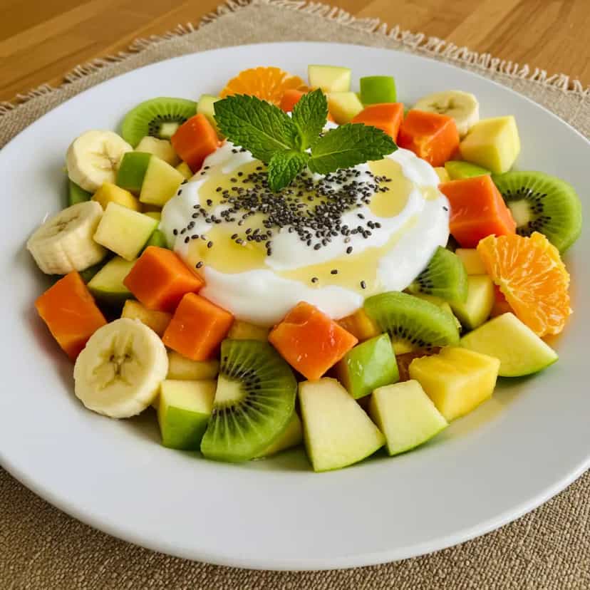 Foto deliciosa de Salada de Frutas com Iogurte para Recuperação pronta para servir - Pós-Treino