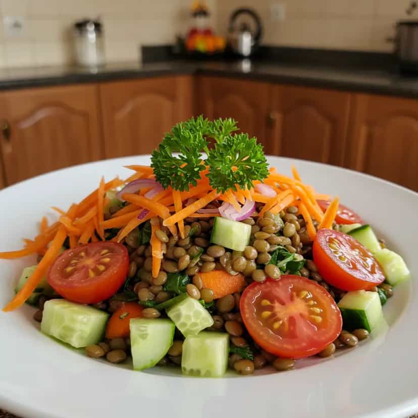 Foto deliciosa de Salada de Lentilhas com Legumes Frescos pronta para servir - Veganas