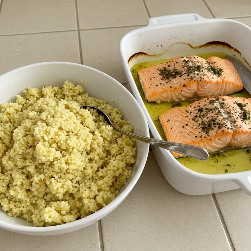 Salmão assado com batatas e molho de alcaparras