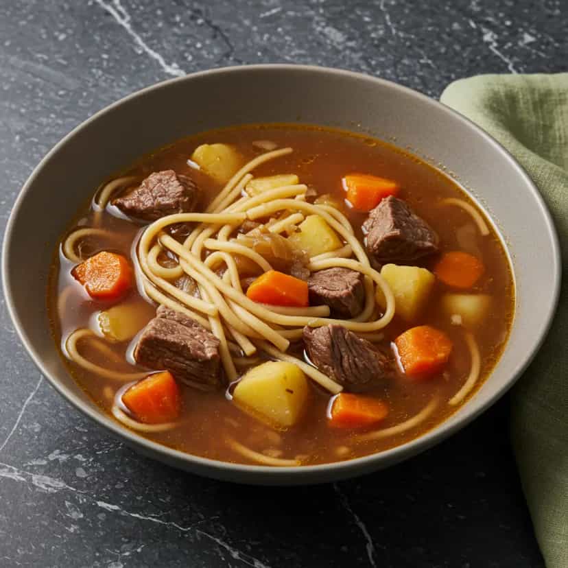 Foto deliciosa de Sopa de Carne com Legumes e Macarrão Caseira pronta para servir - Sopas & Caldos