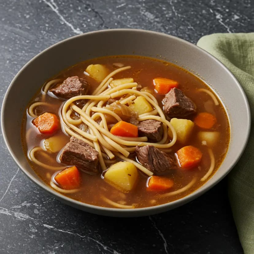 Sopa de Carne com Legumes e Macarrão Caseira