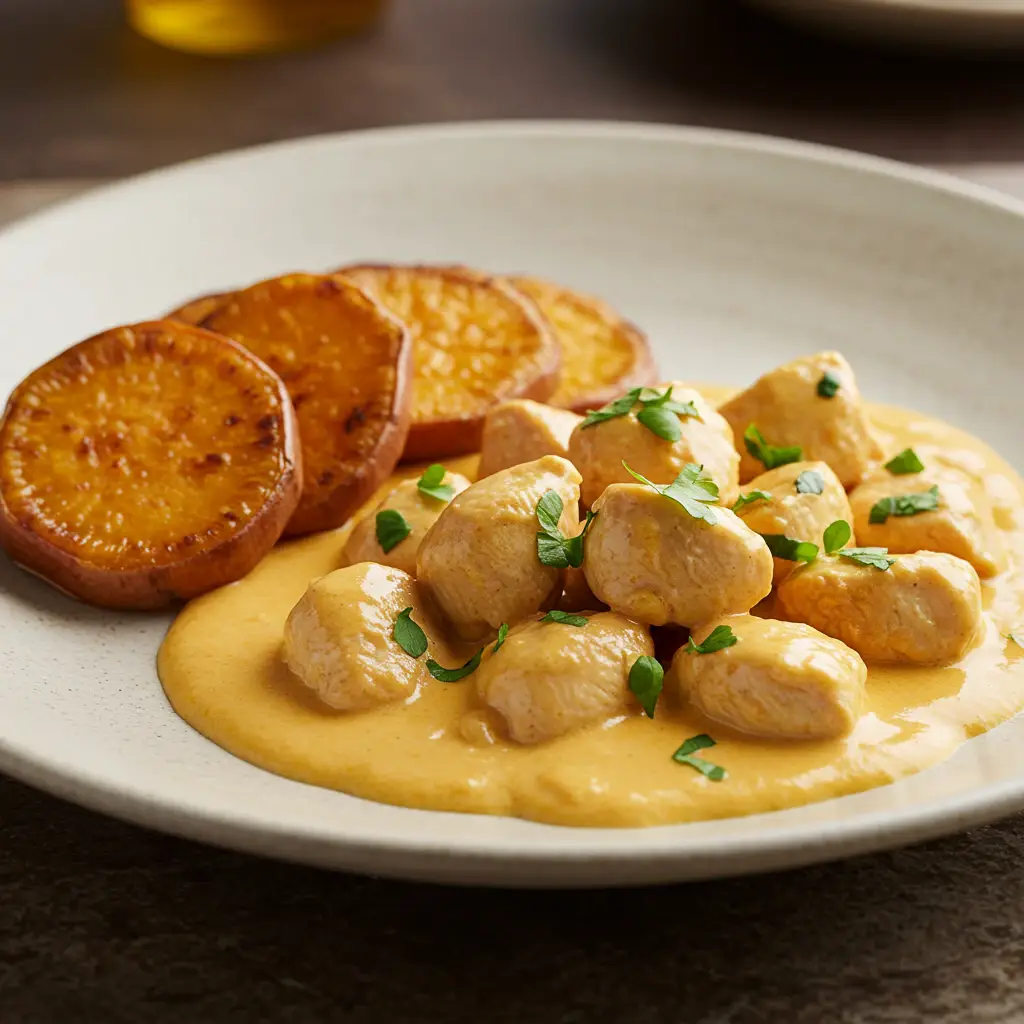 Strogonoff de Frango Fit com Batata-Doce Assada