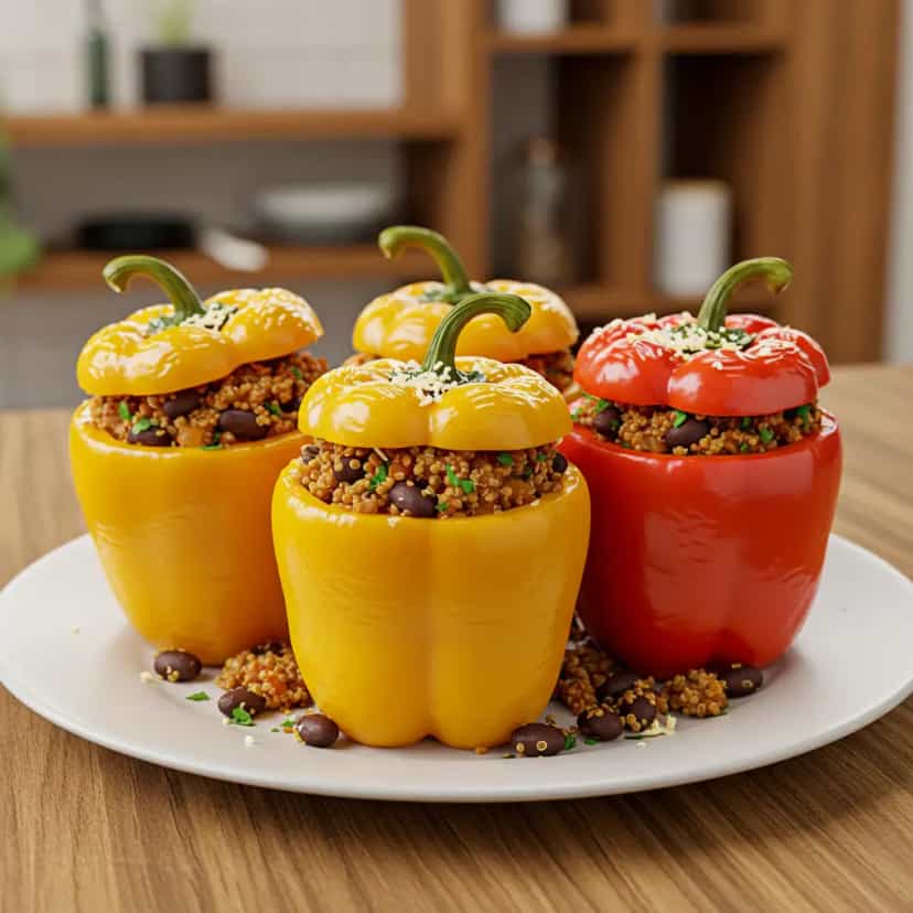 Foto deliciosa de Stuffed Bell Peppers with Quinoa and Black Beans pronta para servir - Vegetarianas