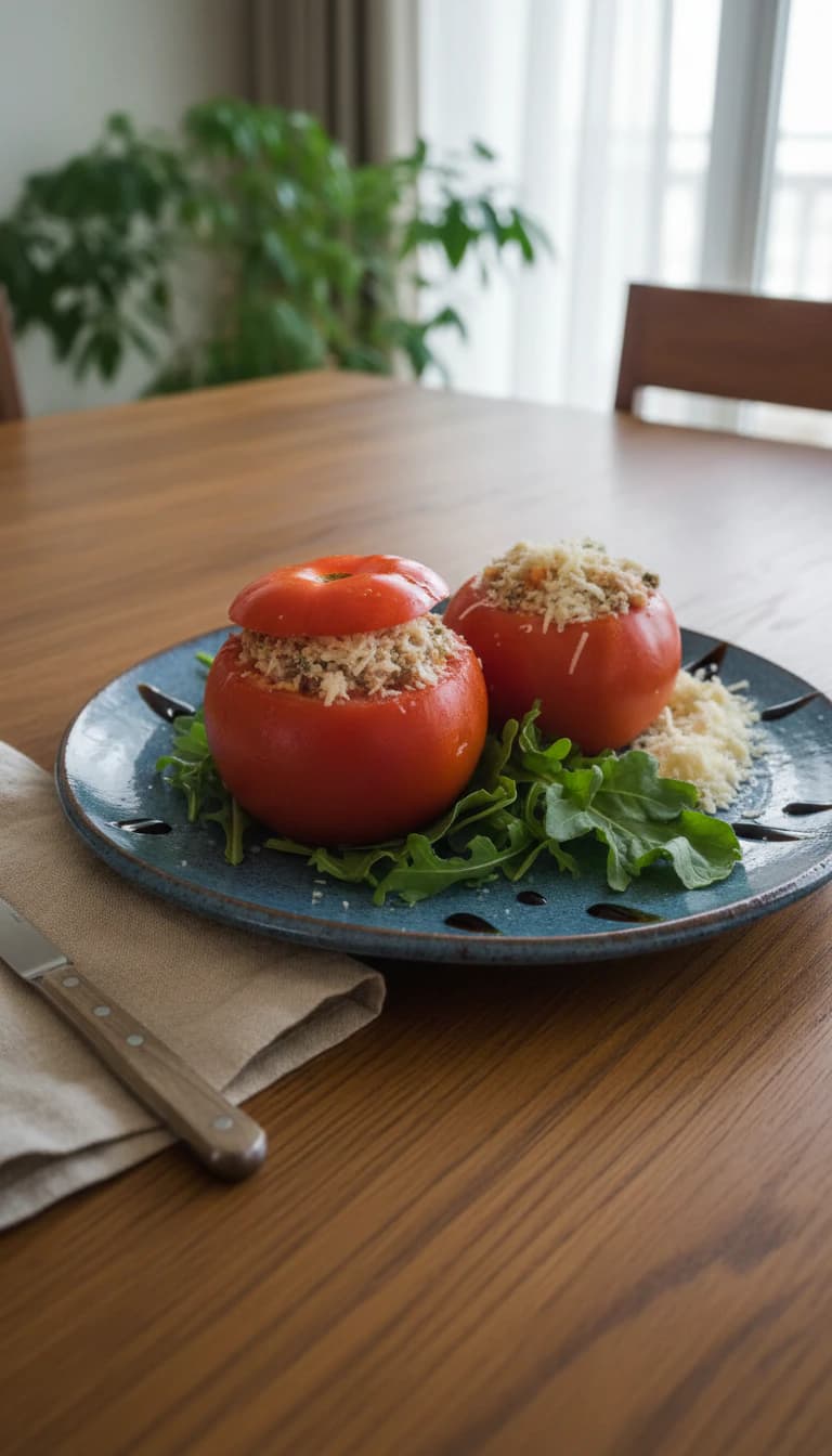 Tomates Recheados com Queijo Colonial, Molho Branco Especial, Calabresa e Milho Verde
